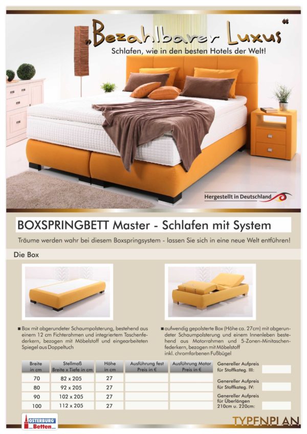 Typenplan Seite 1 - Boxspringbettsystem Master - Die Box - Osterburg Matratzen