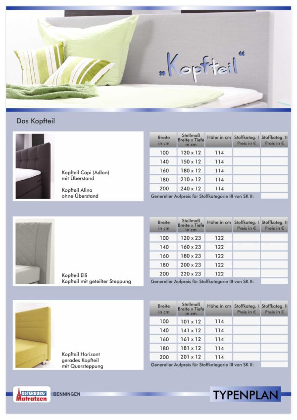 Typenplan Seite 5 - Boxspringbettsystem Osterburg - Das Kopfteil - Osterburg Matratzen