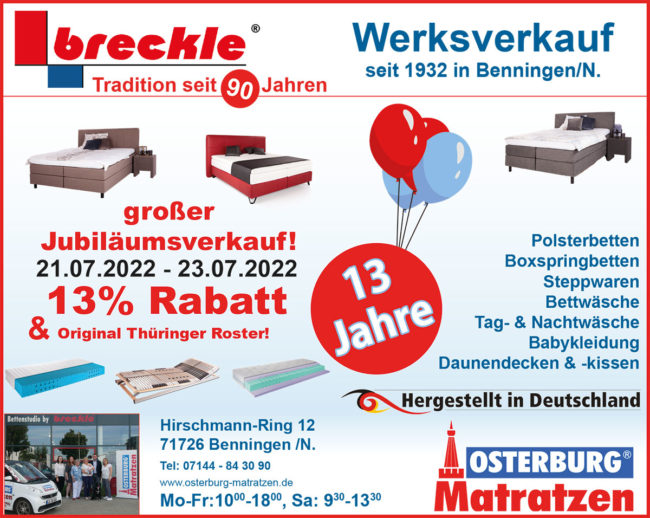 Jubiläumsverkauf bei Osterburg Matratzen Benningen